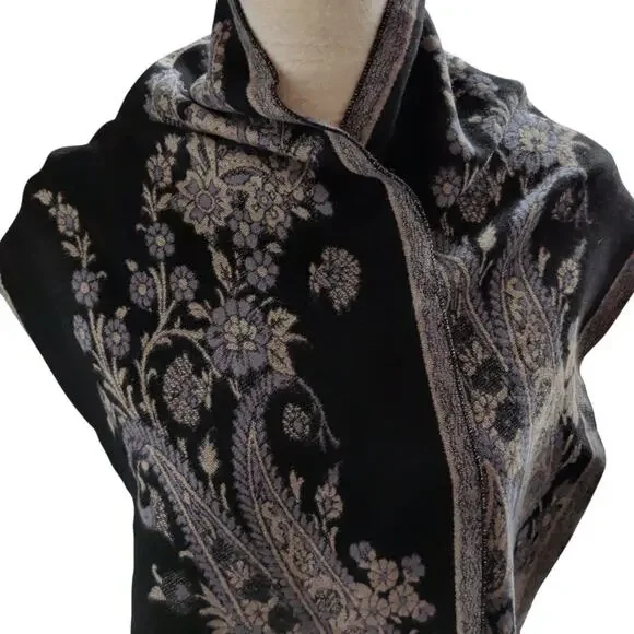 100% Cashmere Black Floral Paisley Scarf Shawl Wrap Fringe Soft Winter Cozy - Picture 3 of 7
